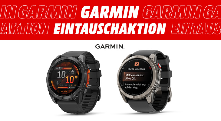 Garmin Eintauschaktion mit zwei Garmin Smartwatches vor weißem Hintergrund.