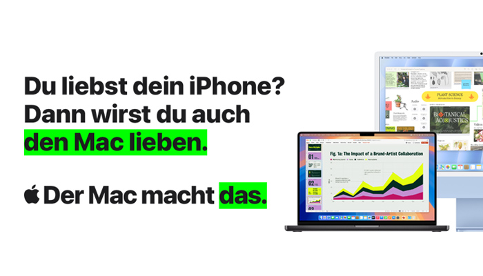 Werbegrafik mit Text „Du liebst dein iPhone? Dann wirst du auch den Mac lieben. Der Mac macht das.“ daneben Mac‑Computer und MacBook mit geöffneten Fenstern.