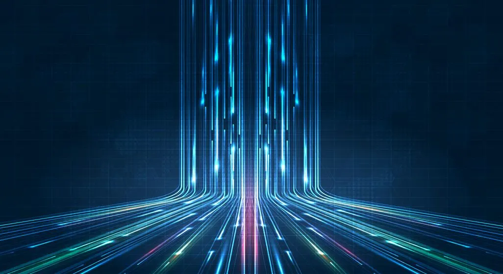 Abstrakte Darstellung von digitalen Datenstroemen auf dunklem Hintergrund