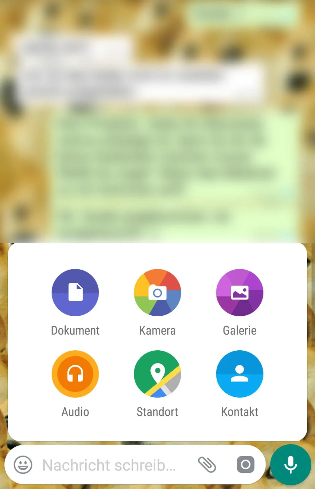 Auswahlmenü mit Symbolen für Dokument, Kamera, Galerie, Audio, Standort und Kontakt.