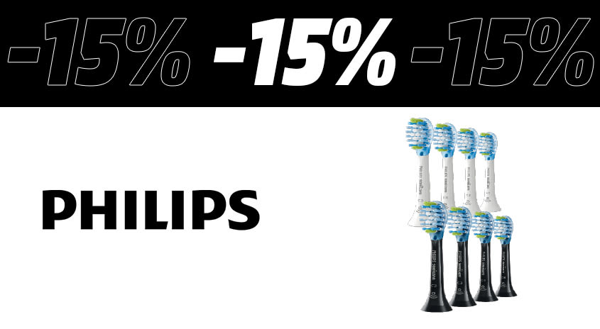 Weiß-schwarzes Bild. Oben im schwarzen Bereich steht der Text 15%, darunter das Produktbild Bürstenköpfen und links daneben das Philips Logo