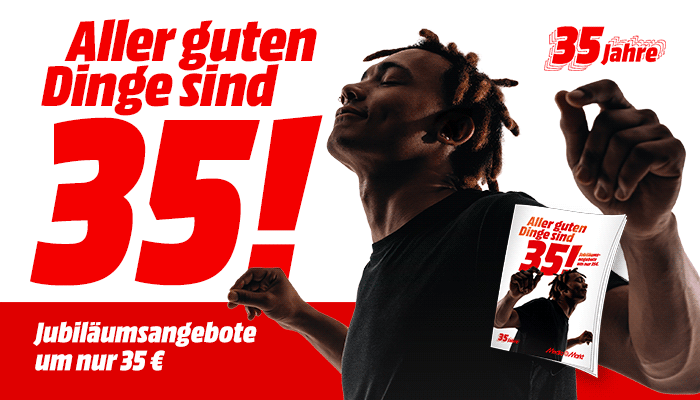 Rote "35!"-Aufschrift vor weißem Hintergrund, daneben eine Person mit Dreadlocks und ein Jubiläumsangebot für 35 €.