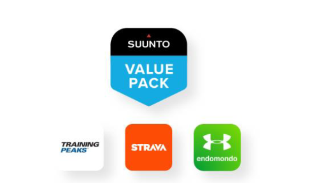 Das Bild zeigt Logos von Suunto Value Pack, Training Peaks, Strava und Endomondo auf weißem Hintergrund.