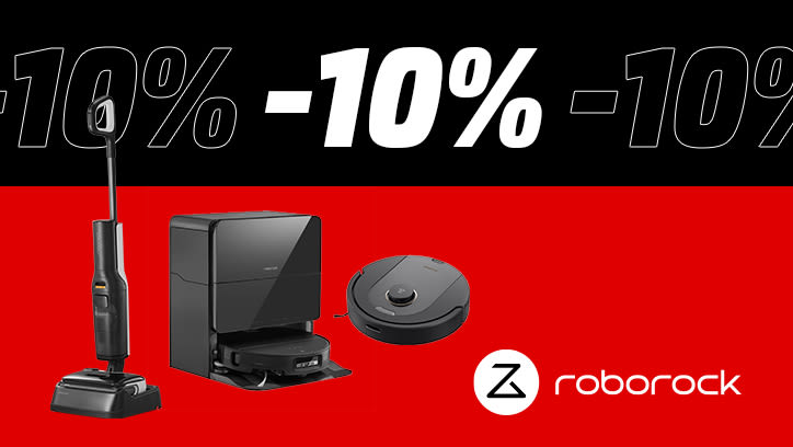 Schwarz-roter Hintergrund. Darauf steht -10%, darunter die Abbildung von drei Staubsaugern von Roborock und rechts daneben das Roborock-Logo.