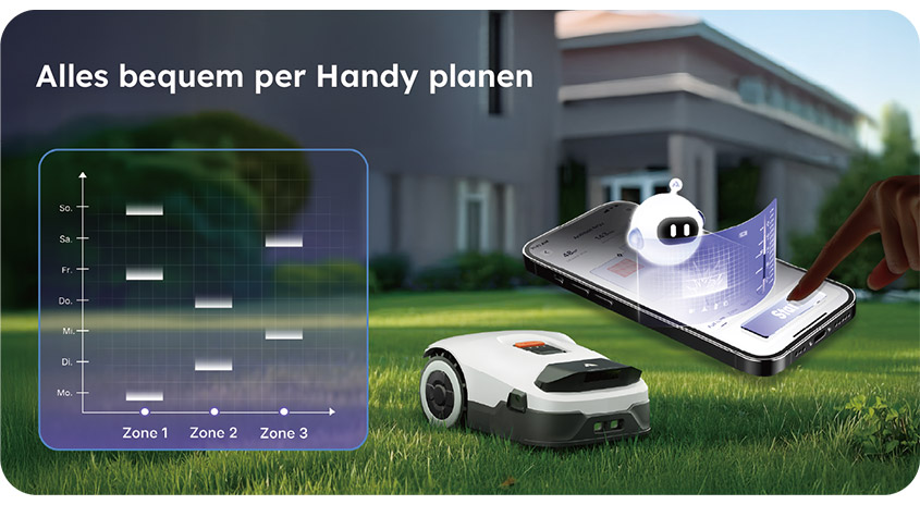 Mähroboter auf dem Rasen vor einem Haus, daneben Smartphone mit App und Wochenplan-Grafik – Mähzonen und Zeiten bequem per Handy steuern.