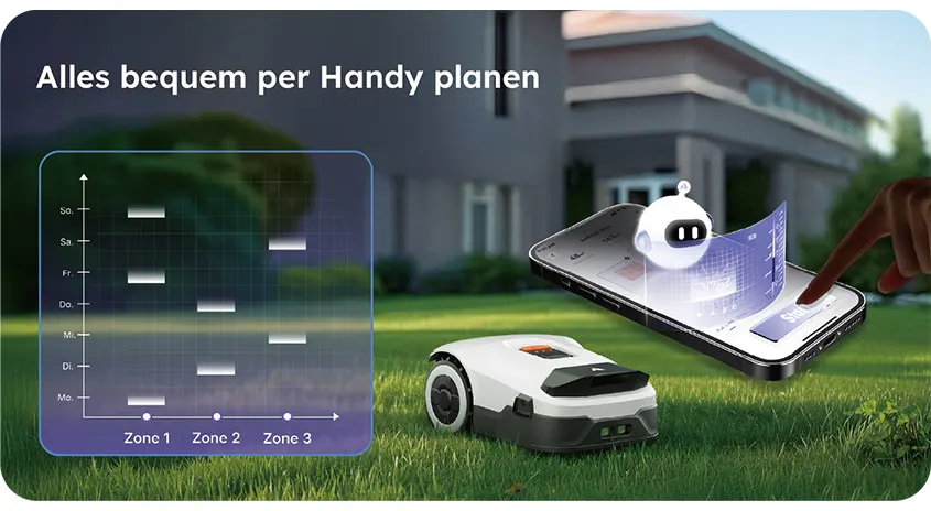 Mähroboter auf dem Rasen vor einem Haus, daneben Smartphone mit App und Wochenplan-Grafik – Mähzonen und Zeiten bequem per Handy steuern.