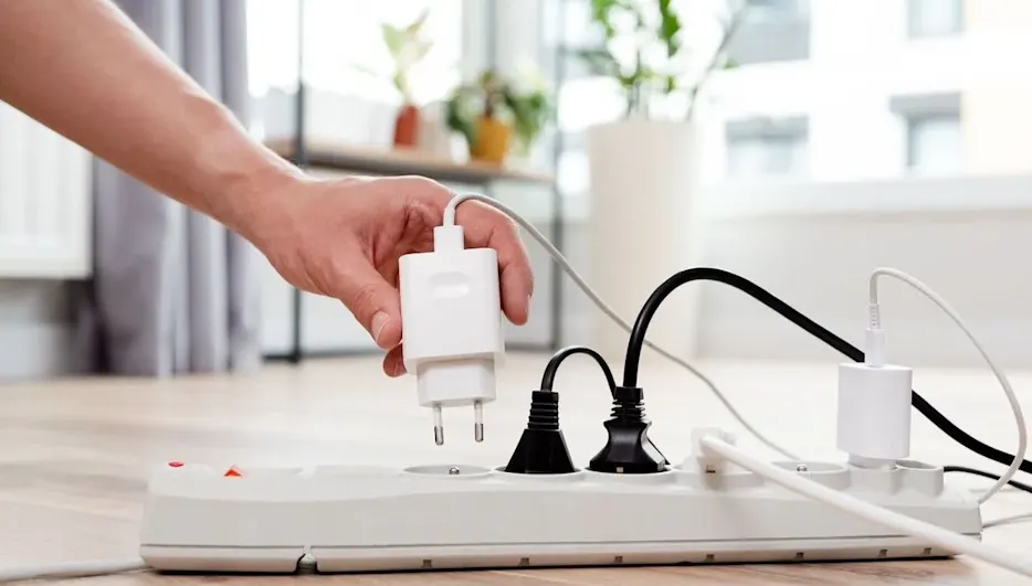 Hand zieht Stecker von einem Stromfresser im Haushalt aus der Steckdosenleiste.