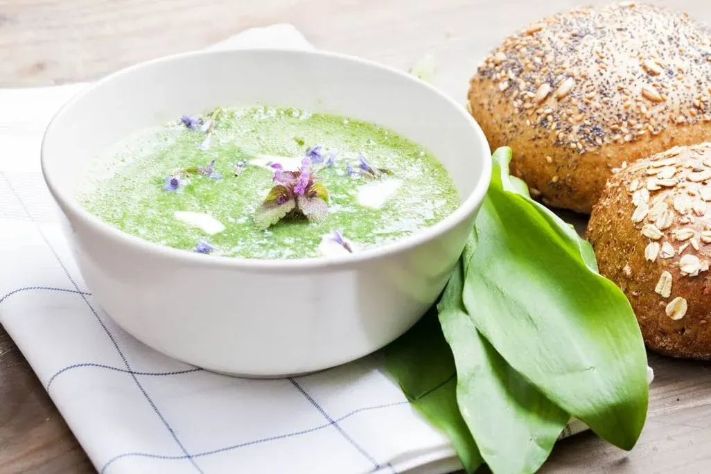 Weiße Schale mit grüner Kräutersuppe, garniert mit essbaren Blüten, daneben frische grüne Blätter und zwei Körnerbrötchen auf einem Tuch.