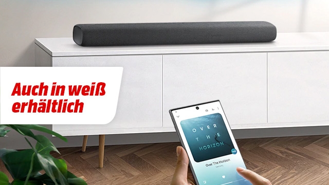 Ein grauer Lautsprecher auf einem weißen Schrank, ein Handy in der Hand und eine Pflanze im Vordergrund.