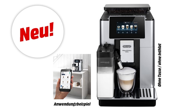 Eine silberne Kaffeemaschine mit Display und Milchtank steht neben einem Handy, das eine App zeigt. Ein rotes "Neu!" Zeichen ist auch zu sehen.