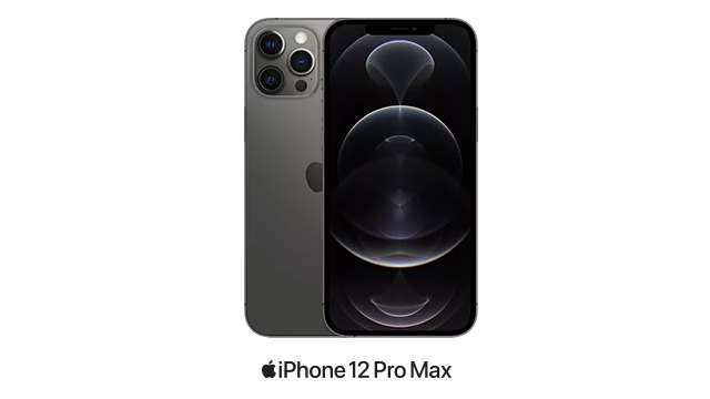 Ein graues iPhone 12 Pro Max, Vorder- und Rückseite sichtbar, mit drei Kameralinsen und Apple-Logo. Der Bildschirm zeigt ein dunkles, abstraktes Muster.
