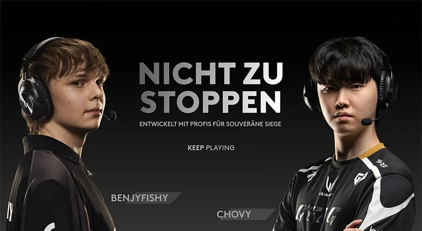 Logitech Pro Serie: Tastatur, Maus, Headset auf Schwarz. Text: "NICHT ZU STOPPEN." Athleten mit Headsets, schwarze Trikots.
