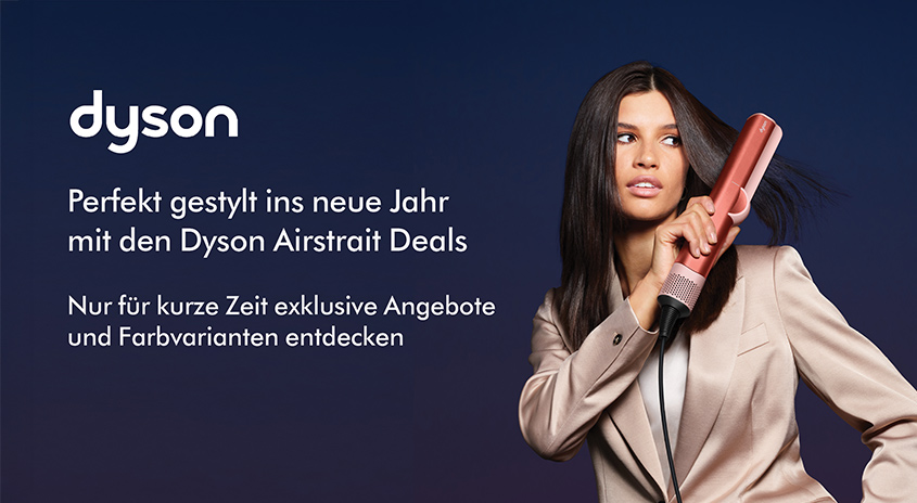 Dyson-Werbung auf blauem Grund: ein rosafarbenes Haarstyling-Gerät. Text: Dyson, Airstrait Deals für ein perfektes neues Jahr.