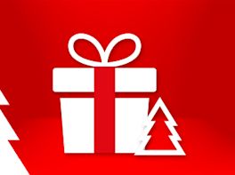 Weißes Piktogramm eines Geschenks und einer kleinen Weihnachtsbau-Dekoration vor weihnachtlich-rotem Hintergrund.