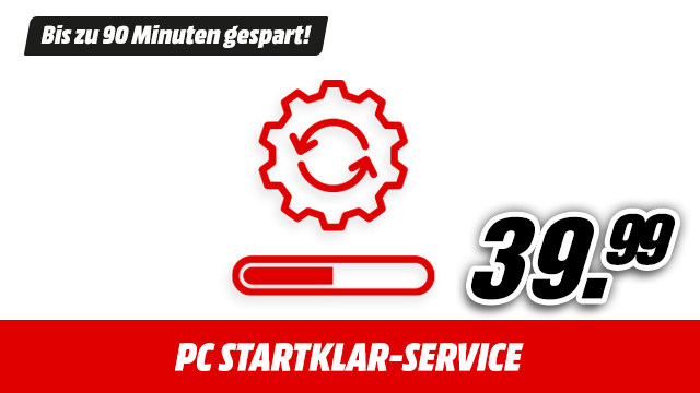 Ein weißer Hintergrund mit rotem Zahnrad-Symbol, Ladebalken und dem Preis "39,99" für den "PC STARTKLAR-SERVICE".