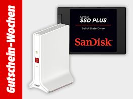 Werbebanner zu den Gutschein-Wochen mit zwei Produkten vor grauem Hintergrund: Speicherkarte und einem WLAN-Router