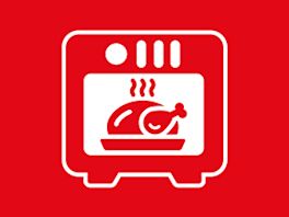 Bild mit rotem Hintergrund, darauf ein Piktogramm in weiß von einem Backofen mit einem Grillhendl im Backrohr