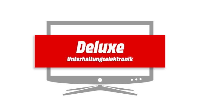Grauer Fernseher mit rotem Banner. Text: "Deluxe Unterhaltungselektronik" in weißer Schrift. Banner liegt horizontal über dem Bildschirm.
