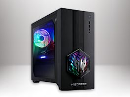 Produktbild eines schwarzen Predator-PC-Gehäuses mit Glasseitenwand. Das Gehäuse hat farbenfrohe Lichter, und das Predator-Logo ist sichtbar.