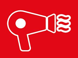 Bild mit rotem Hintergrund, darauf ein Piktogramm in weiß von einem Fön