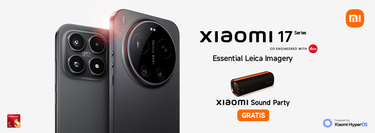  Werbebanner für Xiaomi 17 Series Smartphone mit großem Leica-Kameramodul; daneben Aktionshinweis: Xiaomi Sound Party Lautsprecher beim Kauf gratis.