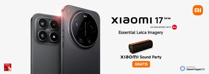 Werbebanner für Xiaomi 17 Series Smartphone mit großem Leica-Kameramodul; daneben Aktionshinweis: Xiaomi Sound Party Lautsprecher beim Kauf gratis.