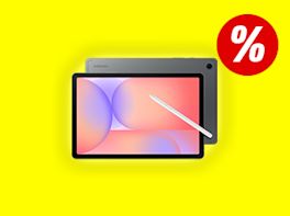 Tablet vor gelben Hintergrund. Rechts oben im Bild ist ein großes Prozentzeichen zu sehen.