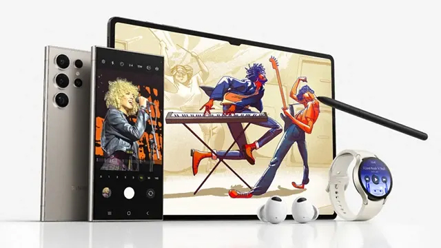 Handy, Tablet, Stift, Kopfhörer und Uhr vor einem weißen Hintergrund. Auf dem Tablet ist eine Band zu sehen.