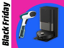Staubsaugerroboter und Dampfbürste vor farbigem Kreis in Pink und Blau. Links im Bild steht: Black Friday.