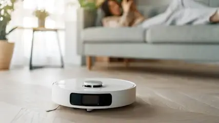Ein weißer Saug-Wisch-Roboter fährt über einen Holzboden, im Hintergrund liegt eine Frau auf dem Sofa.