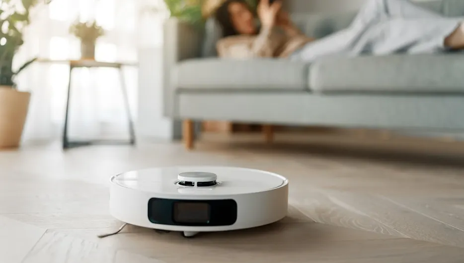 Ein weißer Saug-Wisch-Roboter fährt über einen Holzboden, im Hintergrund liegt eine Frau auf dem Sofa.