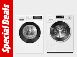 Waschmaschine auf weißem Hintergrund. Links im Bild in weißer Schrift und roten Hintergrund steht: "Special Deals"