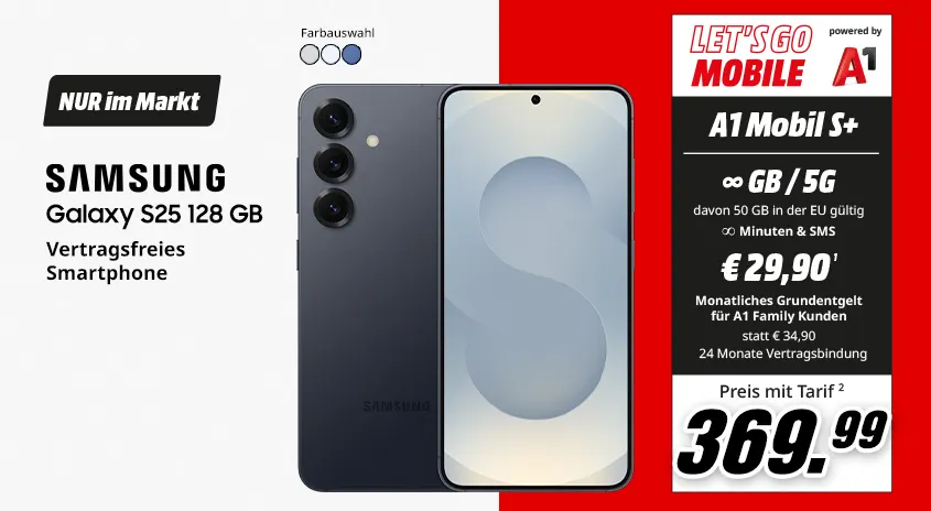 Samsung Galaxy S25, 128 GB, verschiedene Farben, vertragsfrei im Markt, mit Let's Go Mobile powered by A1 Mobil S+ Tarif um € 369,-