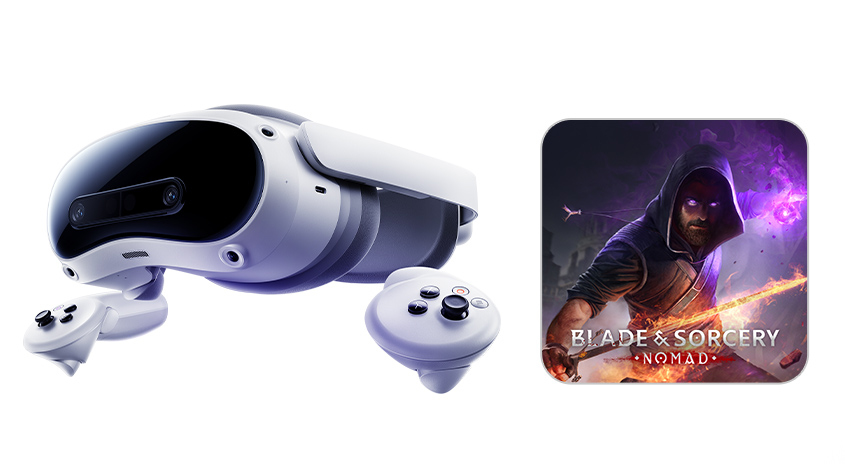 Weißes VR-Headset mit zwei Controllern. Rechts das Cover des Spiels "Blade & Sorcery Nomad" mit Kapuzenfigur.