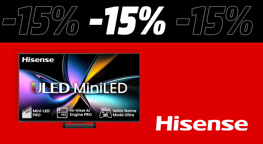 Schwarz-roter Hintergrund. Oben steht -15% darunter ist die Abbildung eines Hisense TVs, rechts davon das Hisense Logo.