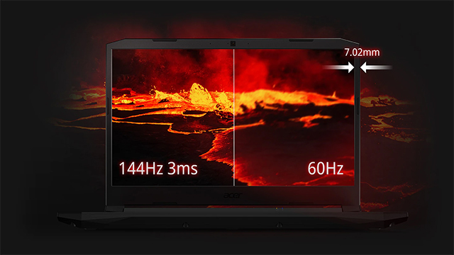 Ein Laptop-Bildschirm zeigt ein Lava-Bild, geteilt in 144Hz 3ms (links) und 60Hz (rechts), mit einer Rahmenstärke von 7,02mm.