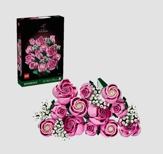 rosa Rosen aus Lego, Im Hintergrund die Verpackung