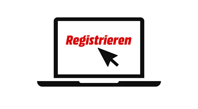 Ein schwarzer Laptop zeigt den roten Text „Registrieren“ und einen schwarzen Mauszeiger auf weißem Hintergrund.