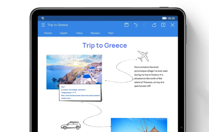 Ein Tablet zeigt eine Präsentation mit dem Titel „Reise nach Griechenland“, mit Fotos, Texten und Zeichnungen.