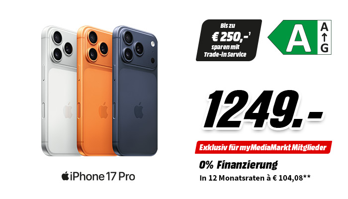 Apple iPhone 17 Pro ab 1249 Euro. Energieklasse A. Bis zu 250 Euro sparen mit Trade-In Service. Zinsfreie Finanzierung in 12 Raten.