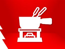 Weißes Piktogramm eines Fondue-Sets mit zwei Gabeln vor weihnachtlich-rotem Hintergrund.