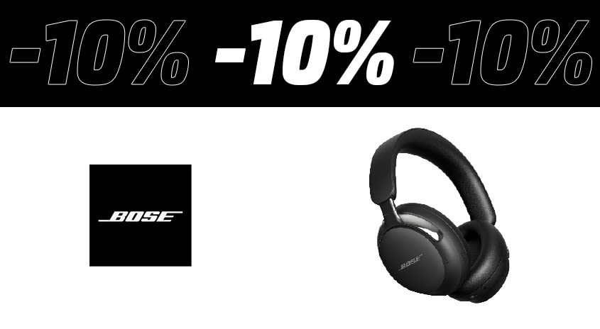 Weiß-schwarzes Bild. Oben im schwarzen Bereich steht der Text 10%, darunter das Produktbild eines Kopfhörers und links daneben das Bose Logo