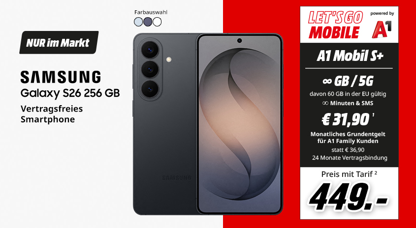 Samsung Galaxy S26 256 GB, vertragsfreies Smartphone, jetzt mit Let's Go Mobile powered by A1 Mobil S+ Tarif um 449,-