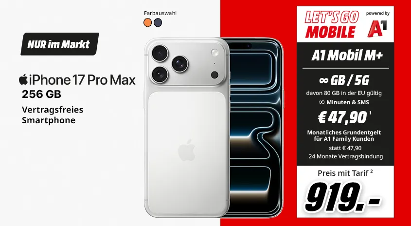iPhone 17 Pro Max, 256 GB, verschiedene Farben, vertragsfrei im Markt, mit Let's Go Mobile powered by A1 Mobil L+ Tarif um € 709,-