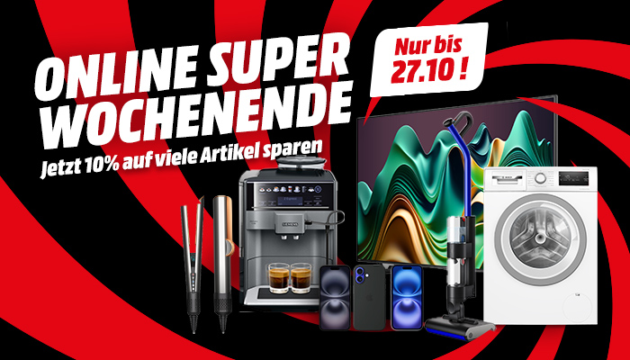 Roter und schwarzer Hintergrund mit weißem Text, der für einen Online-Super-Wochenendverkauf wirbt. Verschiedene Geräte wie TV, Waschmaschine.