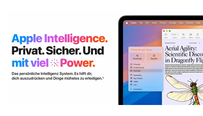 „Apple Intelligence. Privat. Sicher. Und mit viel Power.“ neben einem Mac‑Display mit geöffneten Apps und einem KI‑Menü für Schreibfunktionen.