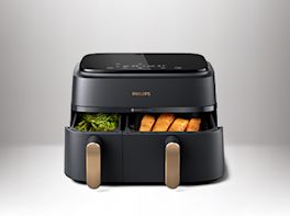 Produktbild einer Heißluftfritteuse vor weiß-grauem Hintergrund.