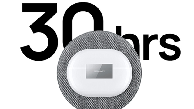 Weiße Kopfhörerhülle mit grauer Hülle, umgeben von schwarzer "30 hrs"-Aufschrift auf weißem Hintergrund.