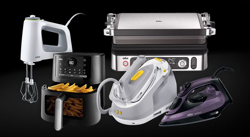 Abbildung mit Mixer, Bügeleisen, Dampfbügelstation, Griller und Heißluftfritteuse. 