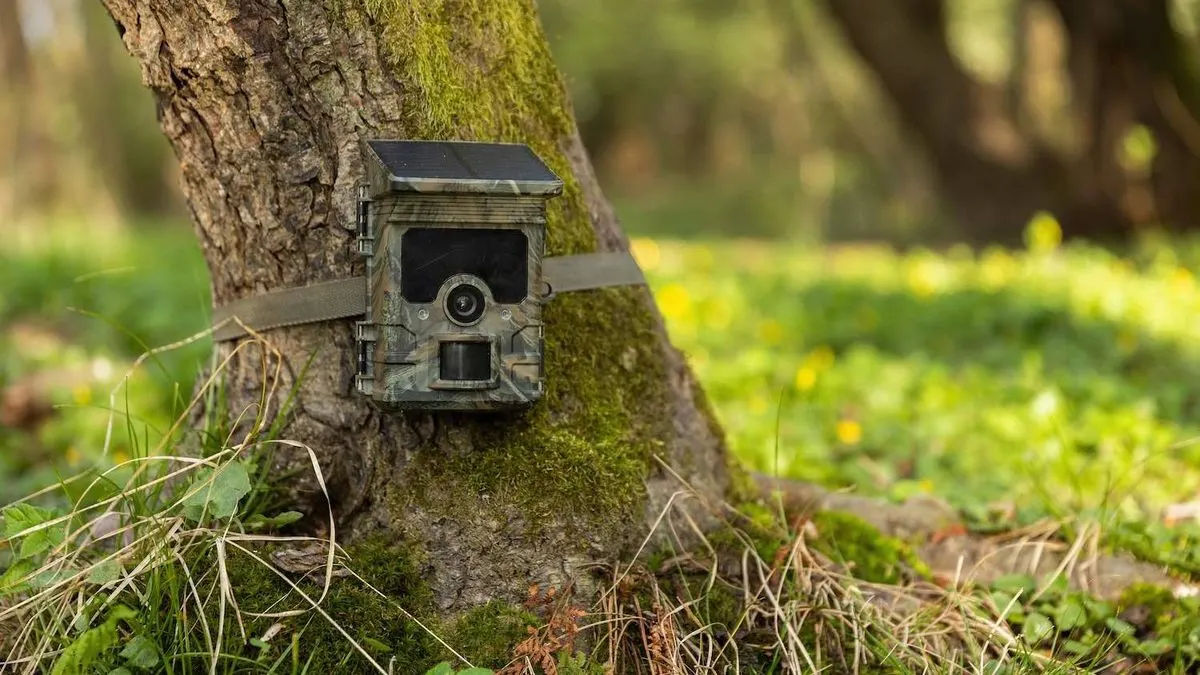 Tarnfarbene Wildkamera mit Solarpanel ist mit einem Gurt an einem Baum im Wald befestigt.